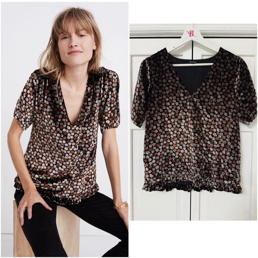 Madewell Velvet Tulip-Sleeve Ruffle Top in Petite Blooms Burnout True Black XS